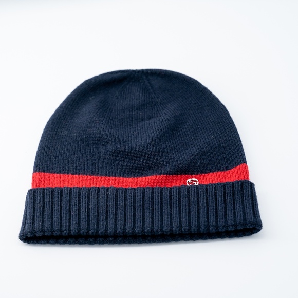 size M - Gucci Knit Wool Navy Blue Red Beanie Hat GG logo